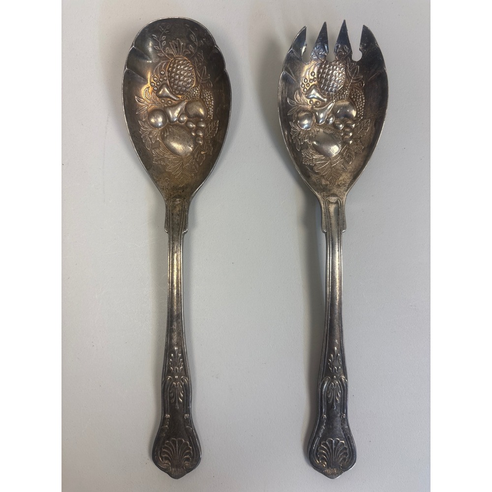 Vintage Leonard Silverplate Italy Salad Serving Set Embossed Fruit Shell Handle
